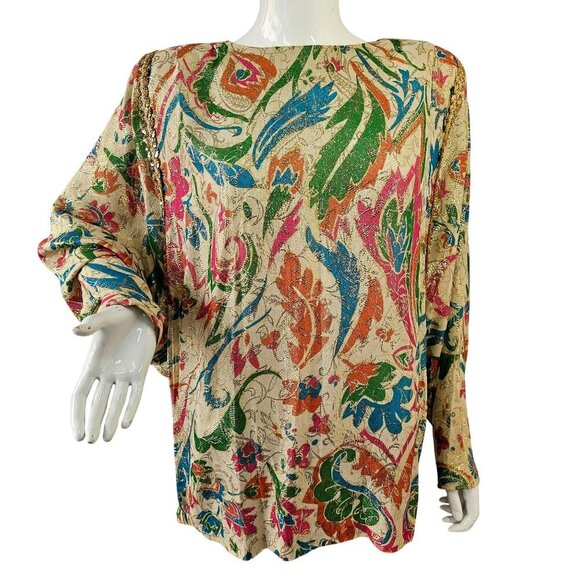 Lucie Ann Beverly Hills 80s Opulent Evening Top Sz S Gold Metallic Pastel Floral - Picture 7 of 13